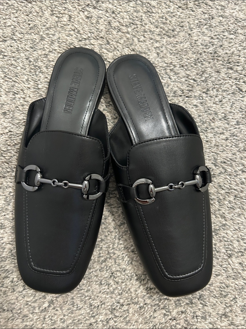Steve Madden Black Leather Slide Loafers with Silver Horsebit